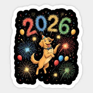 Joyful Golden Retriever Welcoming 2026 with Fireworks Sticker
